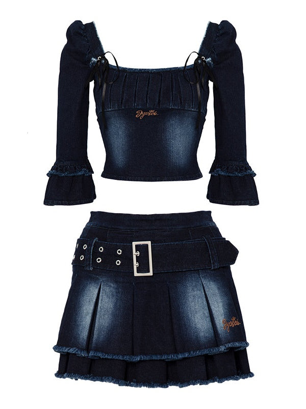 Denim Puff Sleeve Top &amp; Pleated Skirt