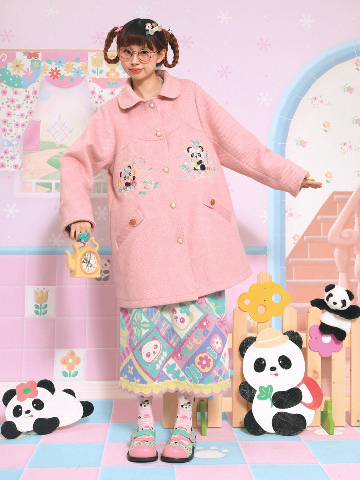 Panda Embroidered Doll Collar Mid-length Coat