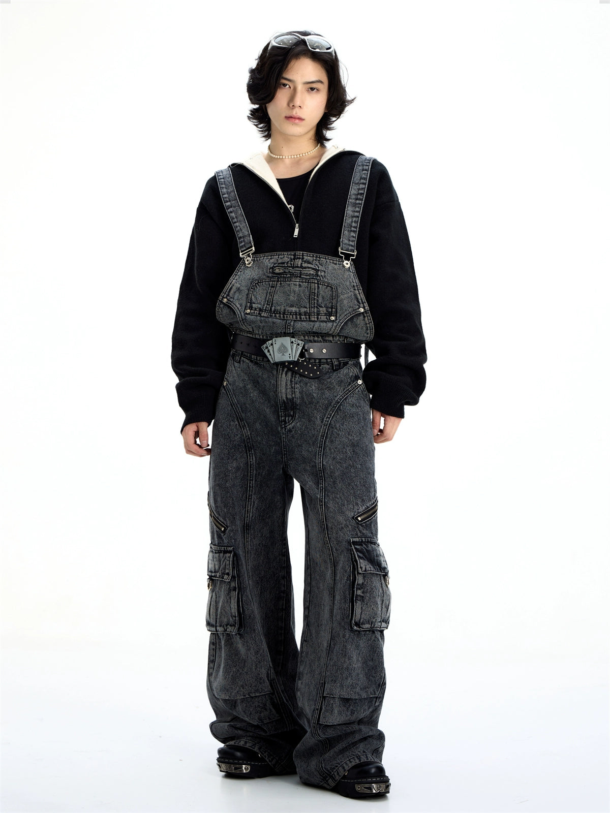 Detachable Suspender Washed Multi-pocket Cargo Jeans