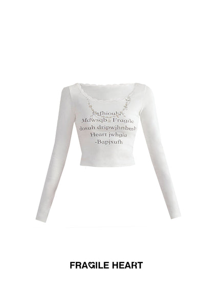 Lace Long-sleeved Lettering T-shirt &amp; Straight Skirt