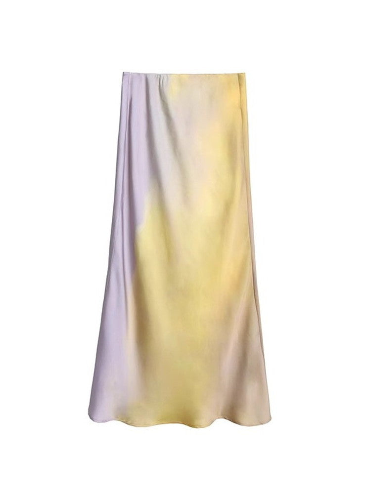 Set-Up Gradation Pale-Tone Retro Satin Cnihi Shirt＆Long-Skirt