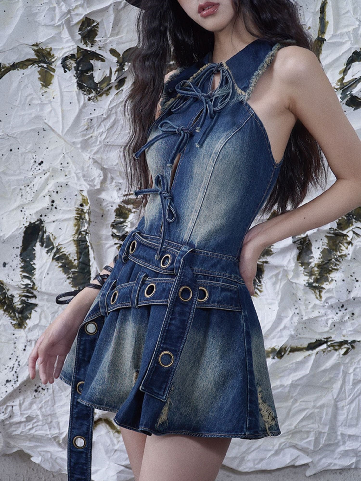 Clash Sleeveless Denim Short One-piece With Belt