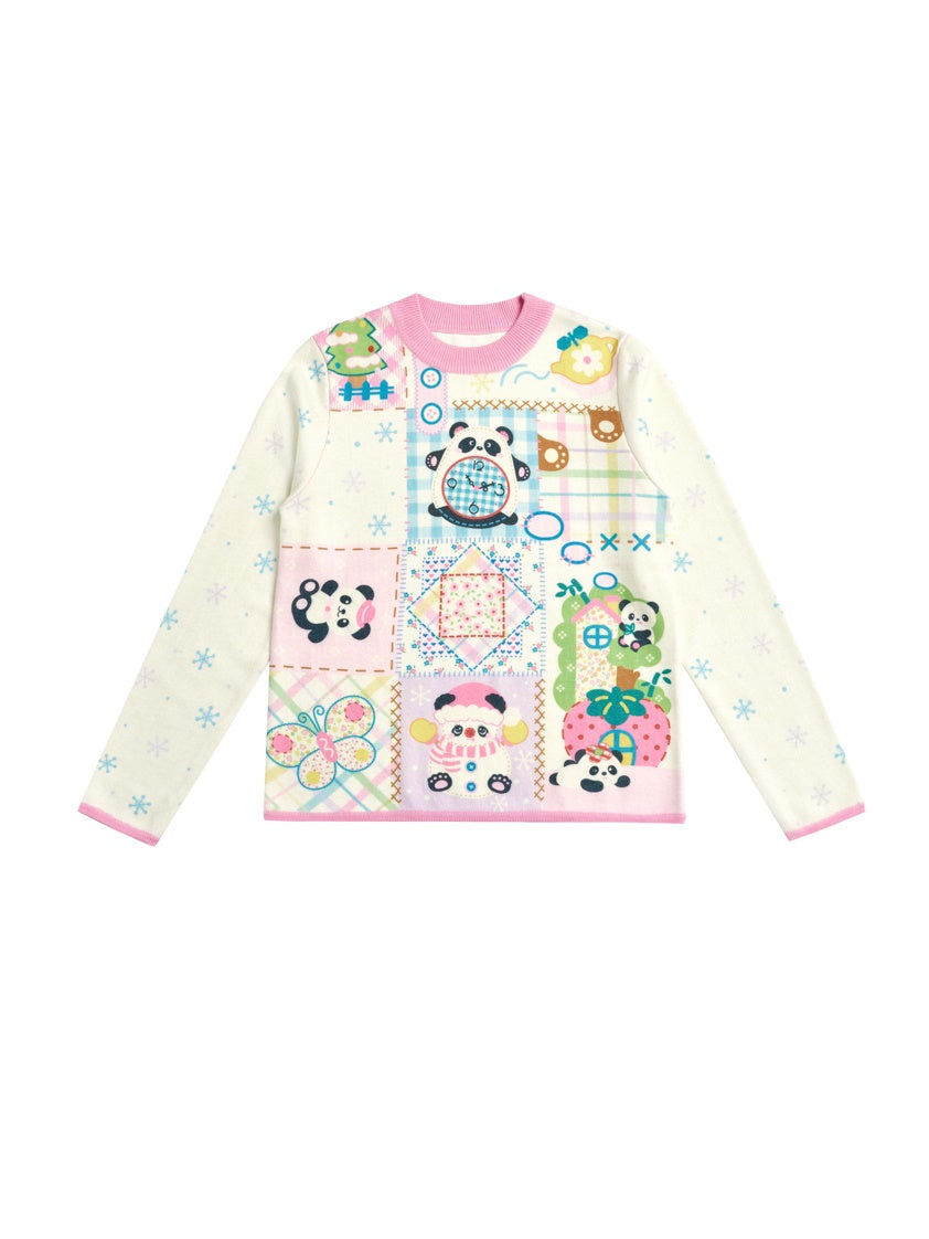 Panda Snowflake Print Round Neck Knitted Shirt