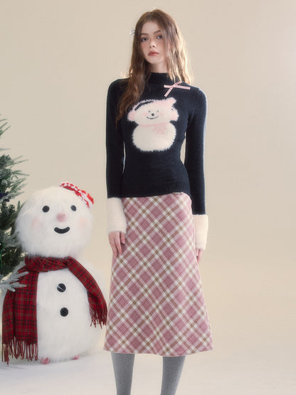 Snowman Splicing Fur Bottle-neck Slim Sweater