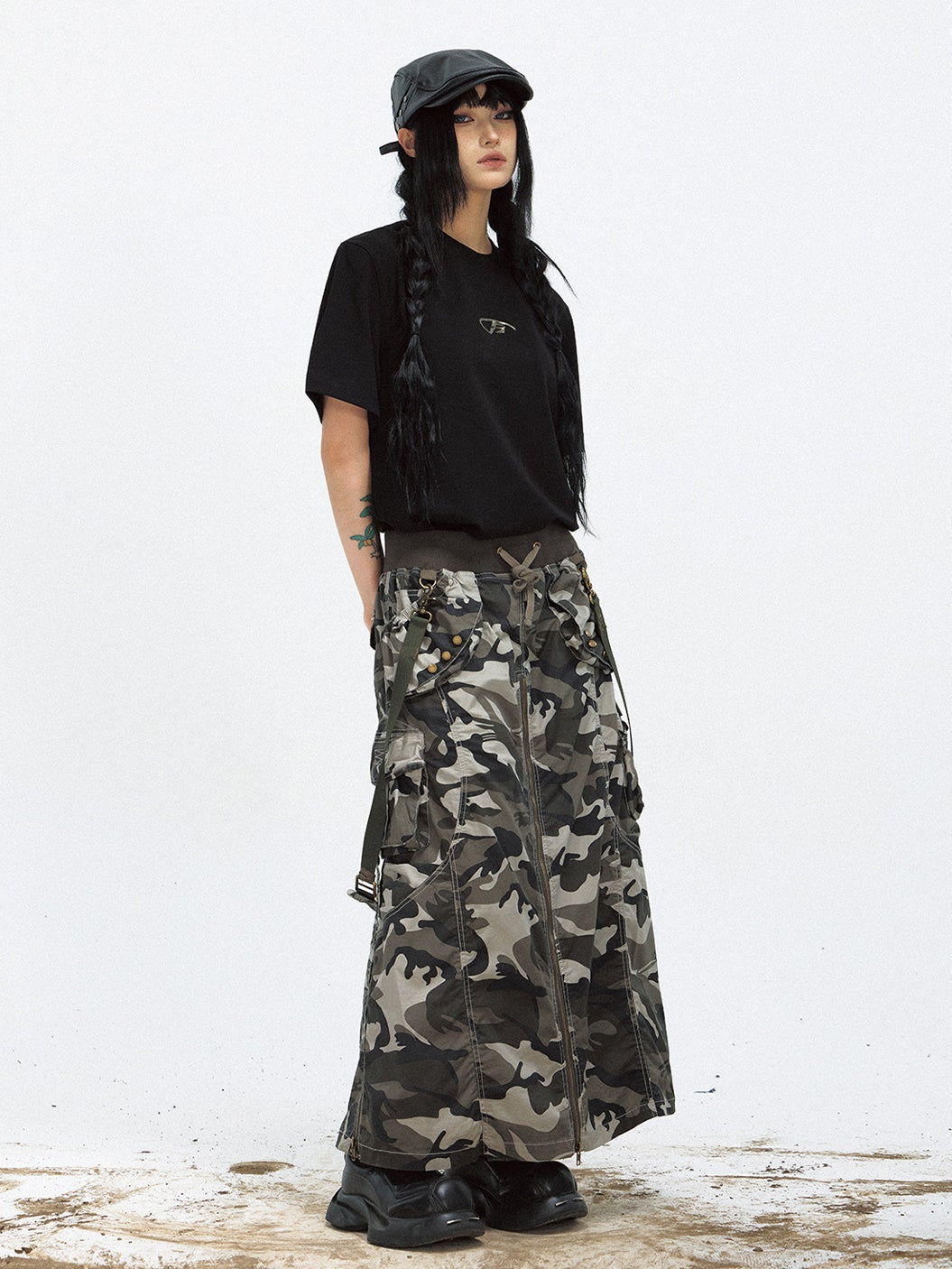 Camouflage Zipper Slit Work Maxi Skirt