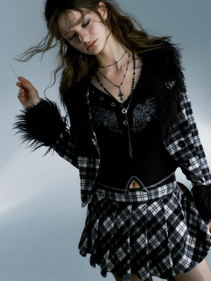 Plaid Fur Collar Short Jacket ＆ Pleated Skirt