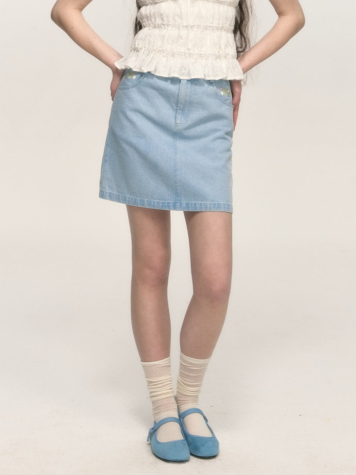 Simple Embroidery A-line Washed Denim Mini Skirt