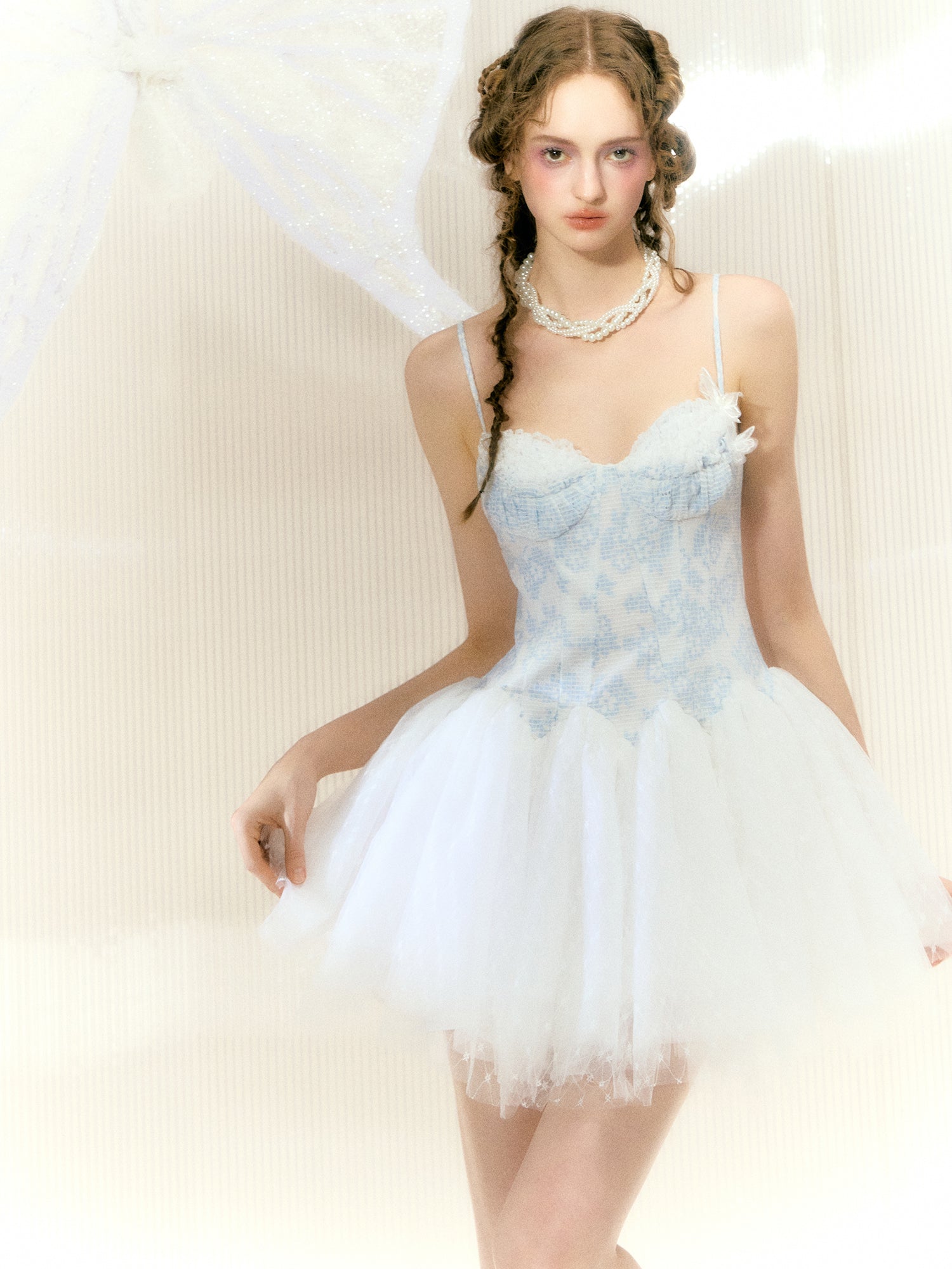 Flower Pearl Butterfly Ballet Style Mesh Suspender Dress