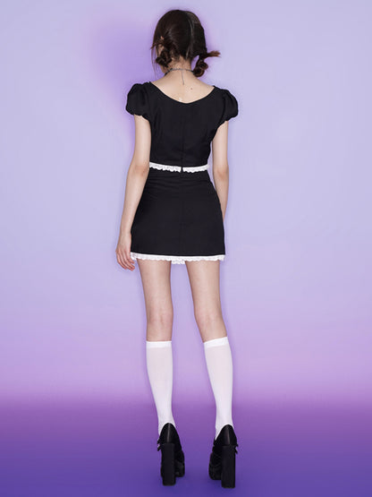 Romantic Puff Sleeve Top &amp; Asymmetry Layered Short Skirt