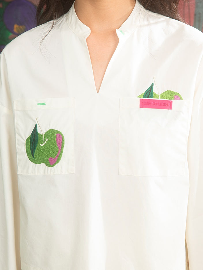 Retro Apple Embroidery V-neck Shirt &amp; Skirt