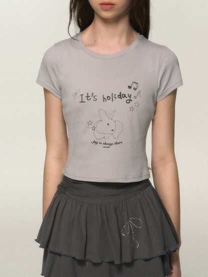 Rabbit Letter Print Short T-shirt