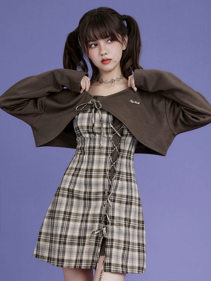 Plaid Suspender One-piece ＆ Cardigan Set-up