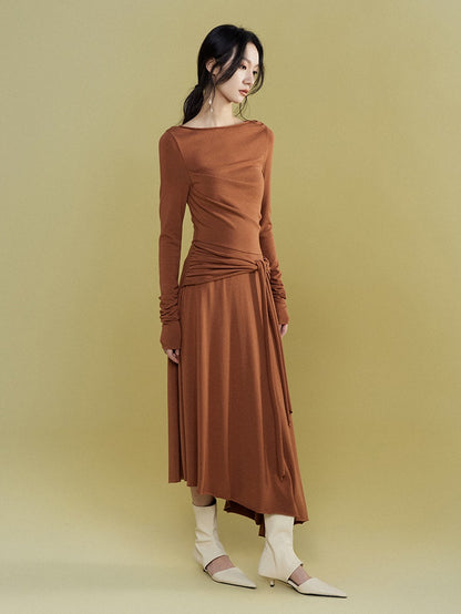 Loose Pleated Waist Ribbon Knit Dress