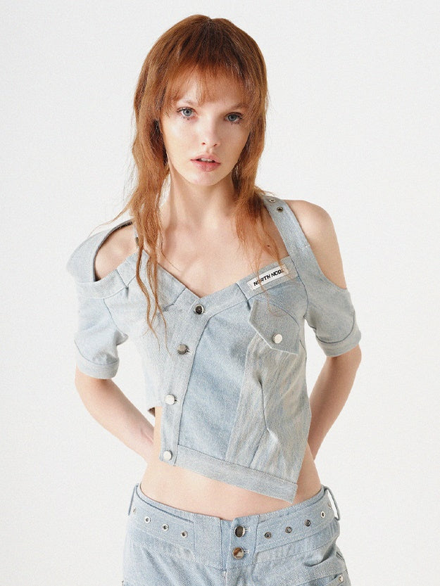 Denim Asymmetry Halter-neck Cropped Top