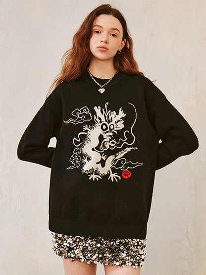 Dragon Design Round Neck Drop-Shoulder-Pullover