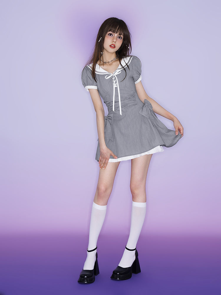 Sailor Collar Ribbon Waist One-piece