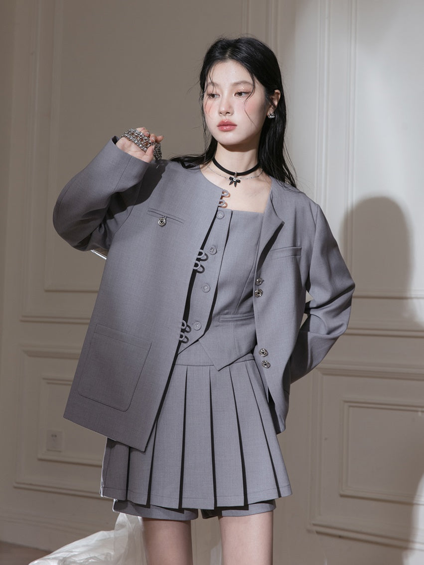 Chinese Style No-Collar Jacket ＆ Vest ＆ Pleated Skirt Set-up