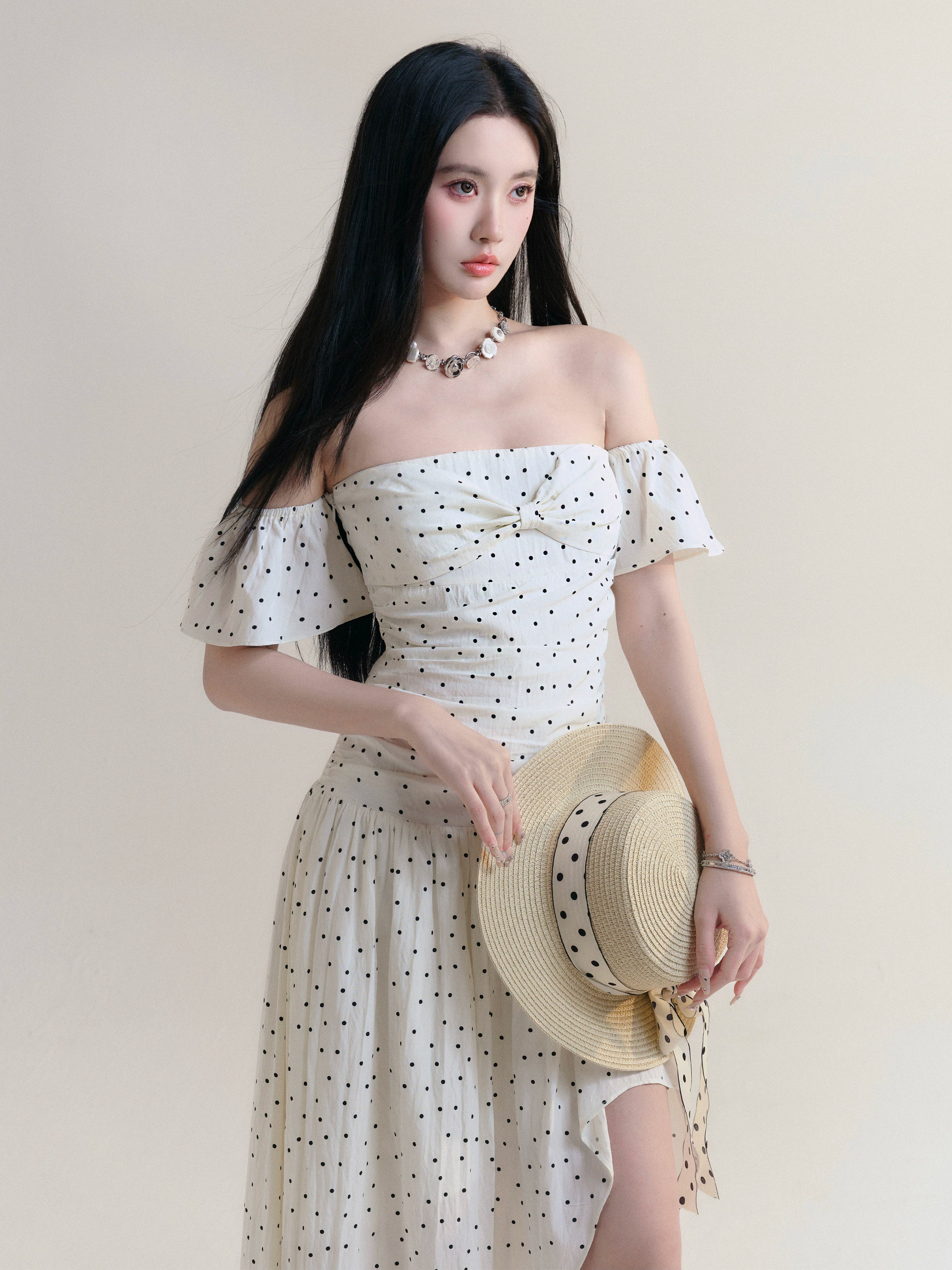 Bohemian Style Dot Pattern Off- Shoulder Dress