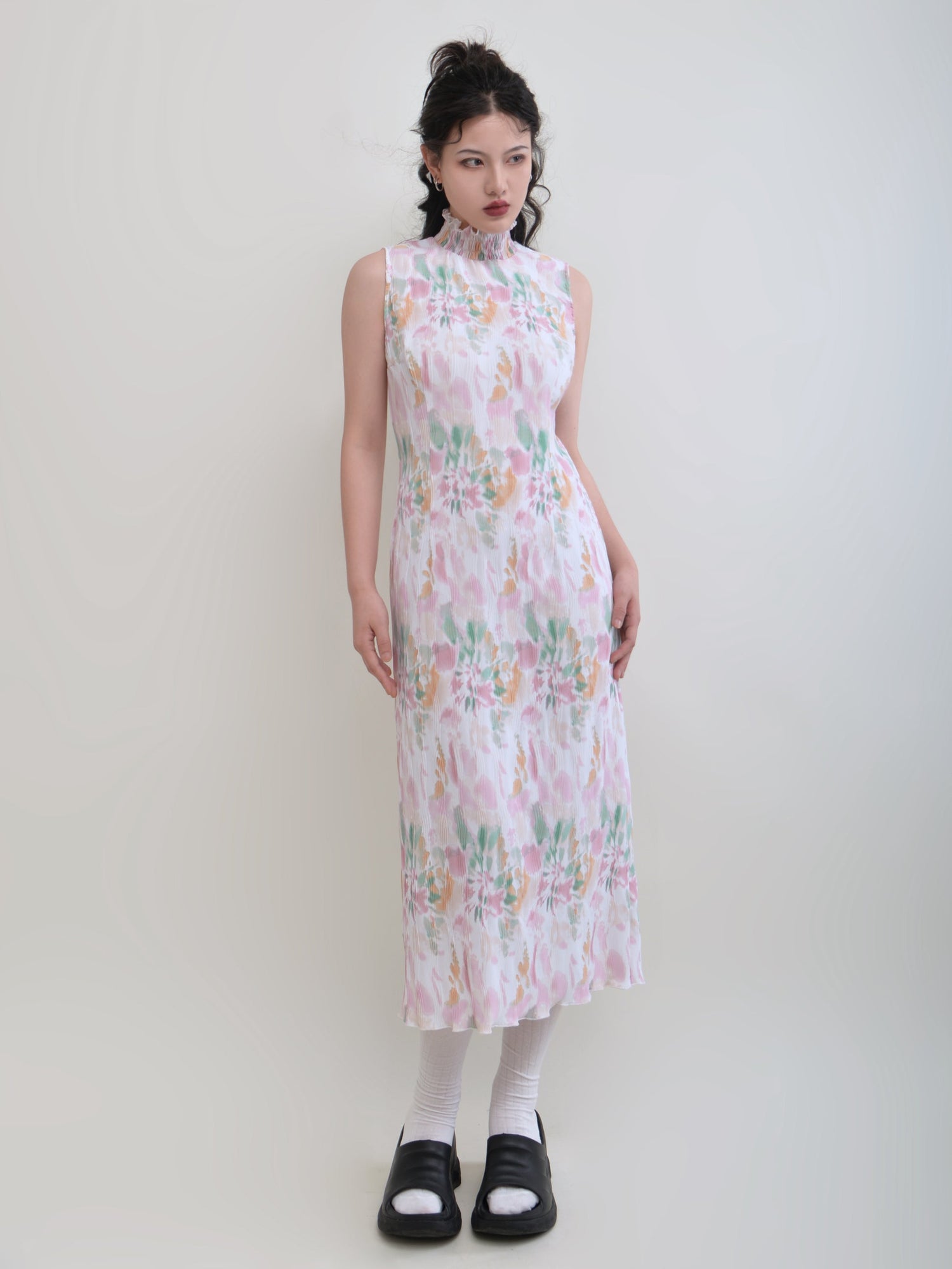 Stand Collar Printing Flower Sleeveless Dress