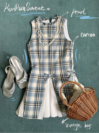 Sleeveless Check Patchwork Pleated Dress