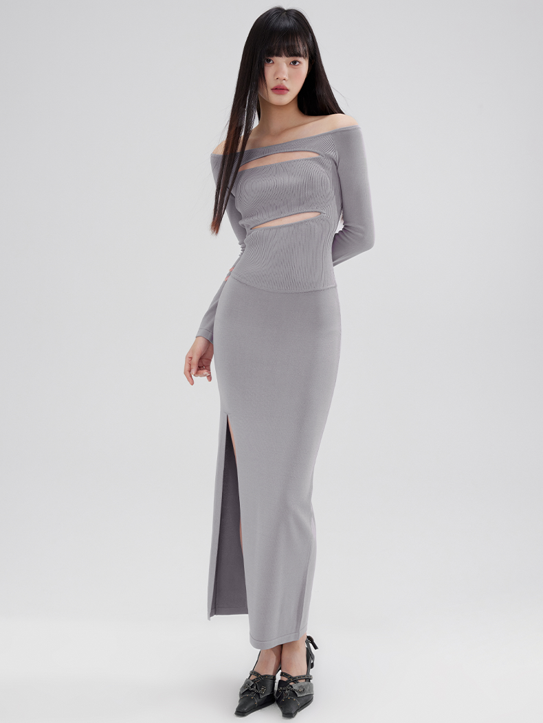 Hollow One-shoulder Sexy Desire Slit Stretch Slim Dress