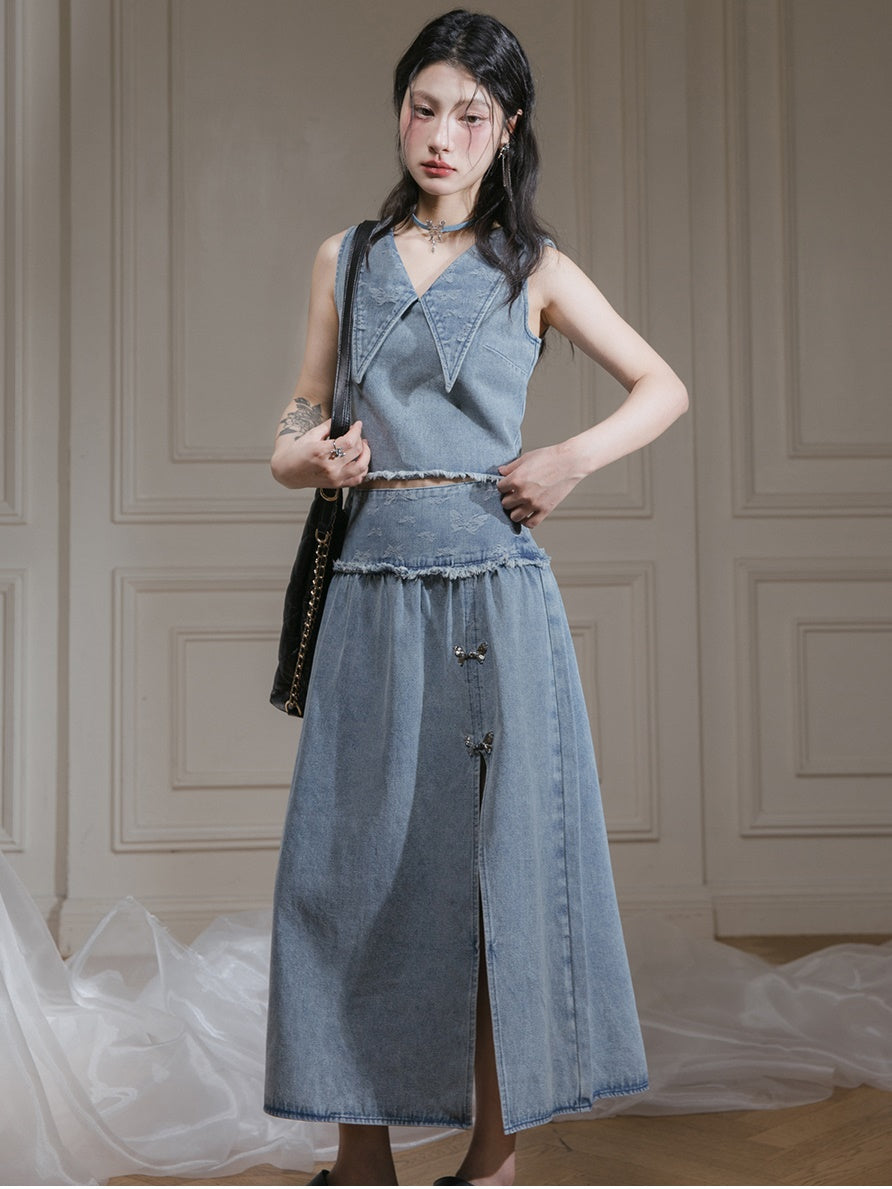 Butterfly Jacquard Denim Sleeveless Top & Skirt Set-up