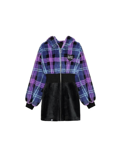 Plaid Fur Plush Switching Design Hooded Dress