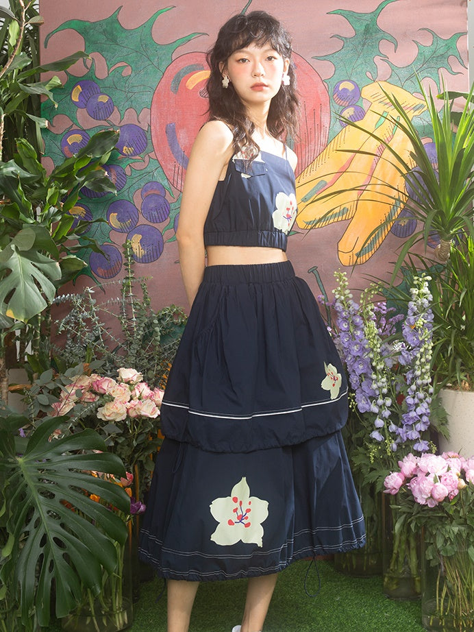 Cherry Blossom Print Mid-Long Skirt