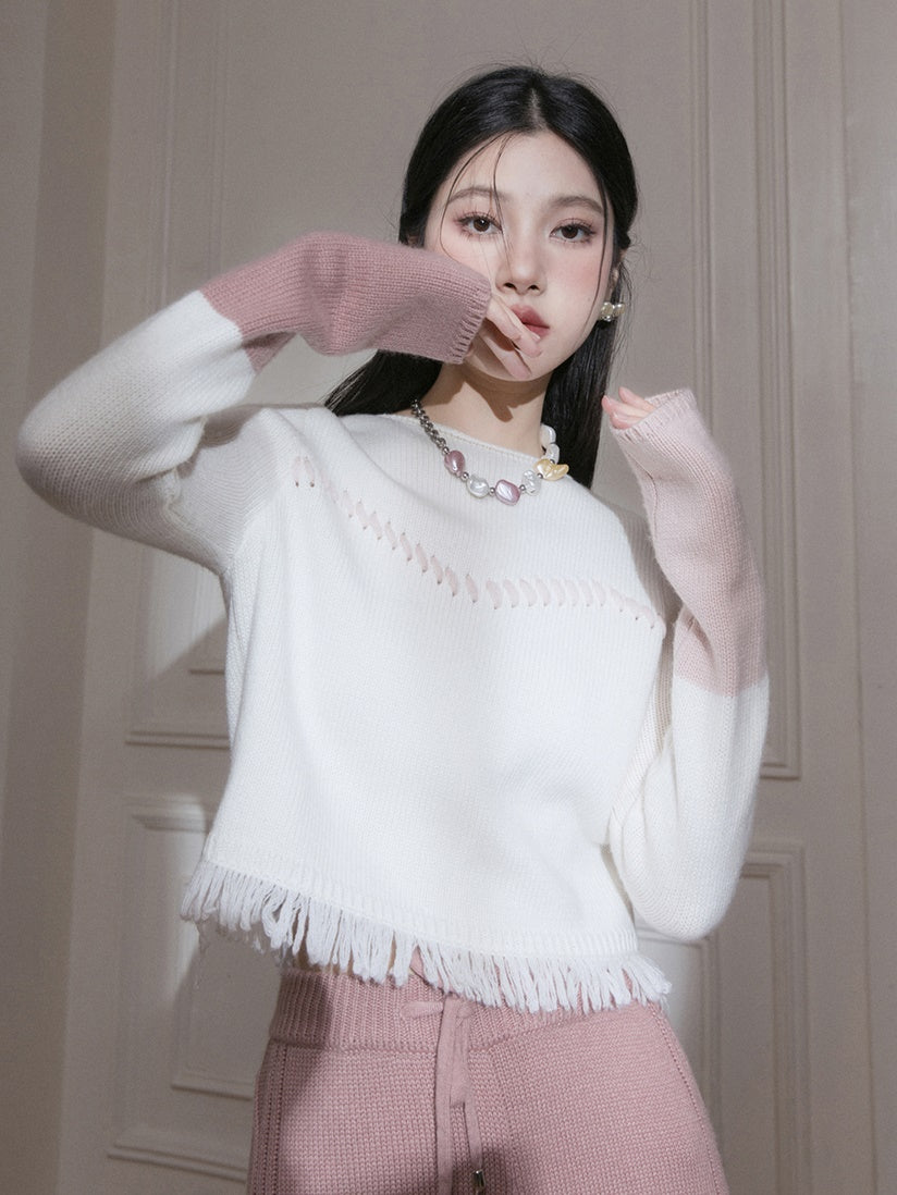 Two-tone Blush Hook Tassel Knitted Top