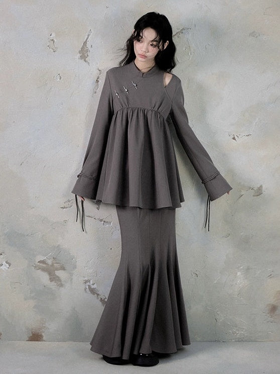 중국 스타일의 컷 아웃 Peplum Top &amp; Mermaid Long Skirt