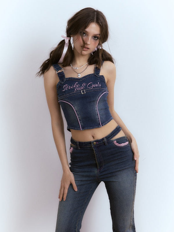 Embroidered Denim Micro Flared Trousers &amp; Strap Vest