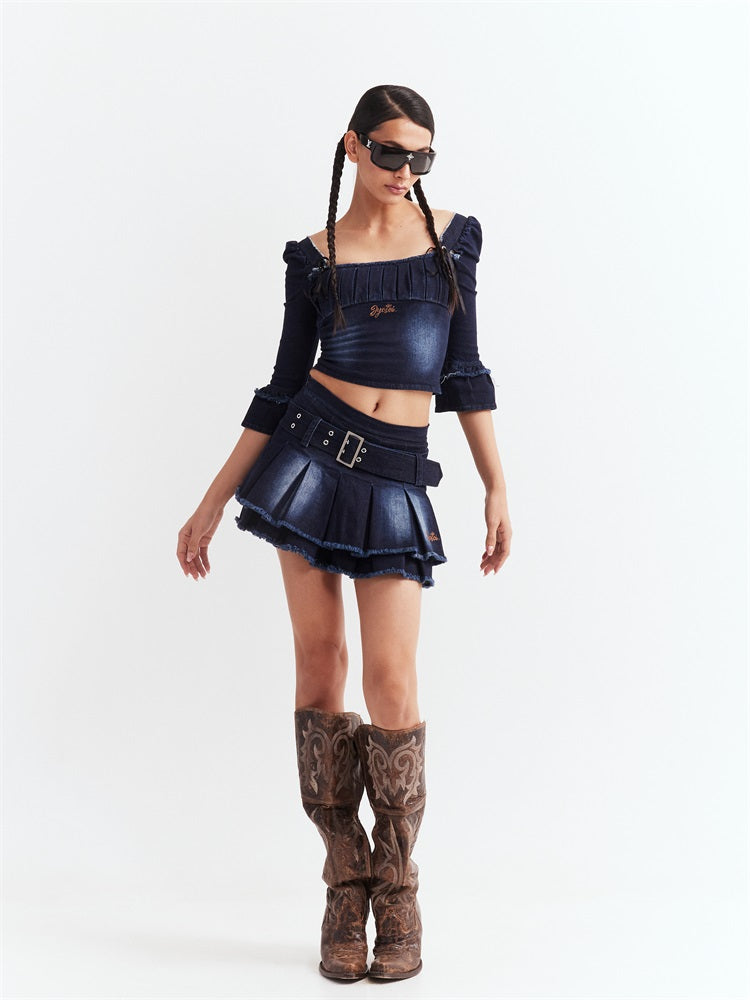 Denim Puff Sleeve Top &amp; Pleated Skirt