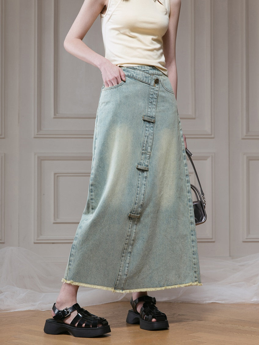 Slanted Placket Distressed Denim Skirt