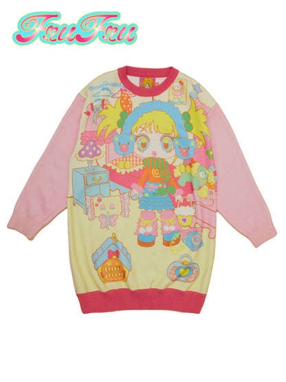 Cute Girls Print Over Size Knitted Long Sweat