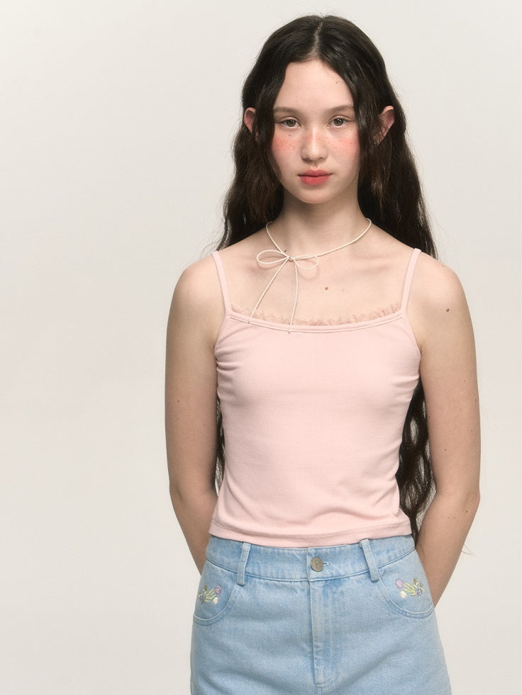 Simple Solid Color Lace Stitch Camisole