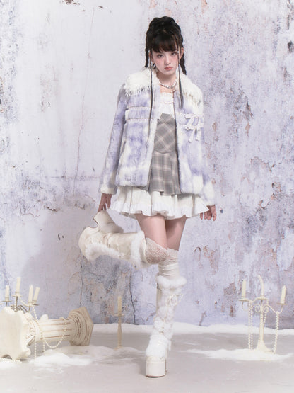 Ribbon Tie-dye Stitching Fur Jacket