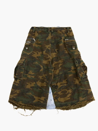 Camouflage Raw Edge Straight Work Cropped Pants