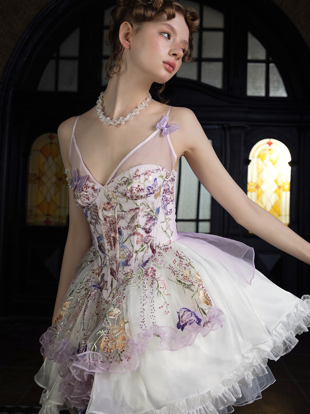 Flower Beading Embroidery Butterfly Strap Layered Dress