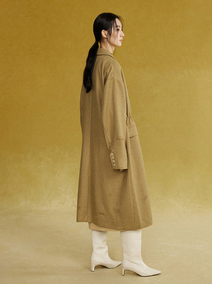 Drawstring Waist Frayed Long Coat