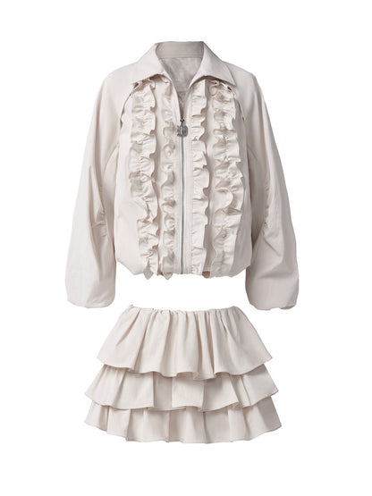 Ruffled POLO Collar Swing Jacket ＆ Cake Skirt