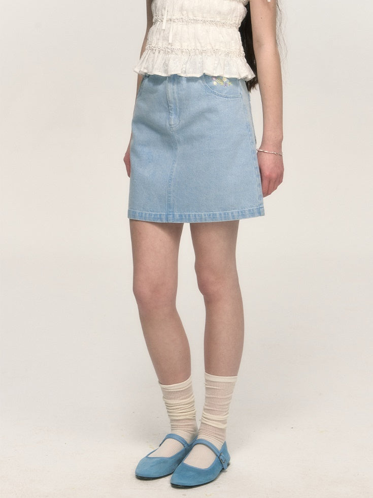 Simple Embroidery A-line Washed Denim Mini Skirt