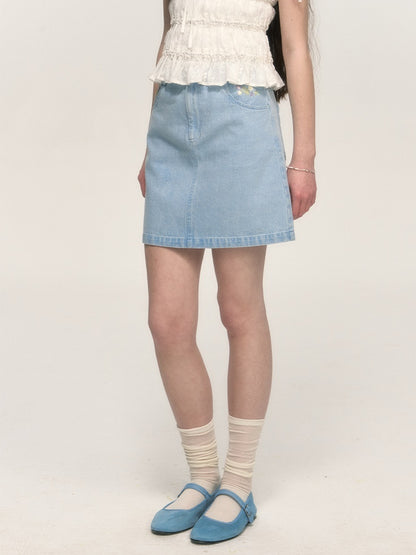 Simple Embroidery A-line Washed Denim Mini Skirt