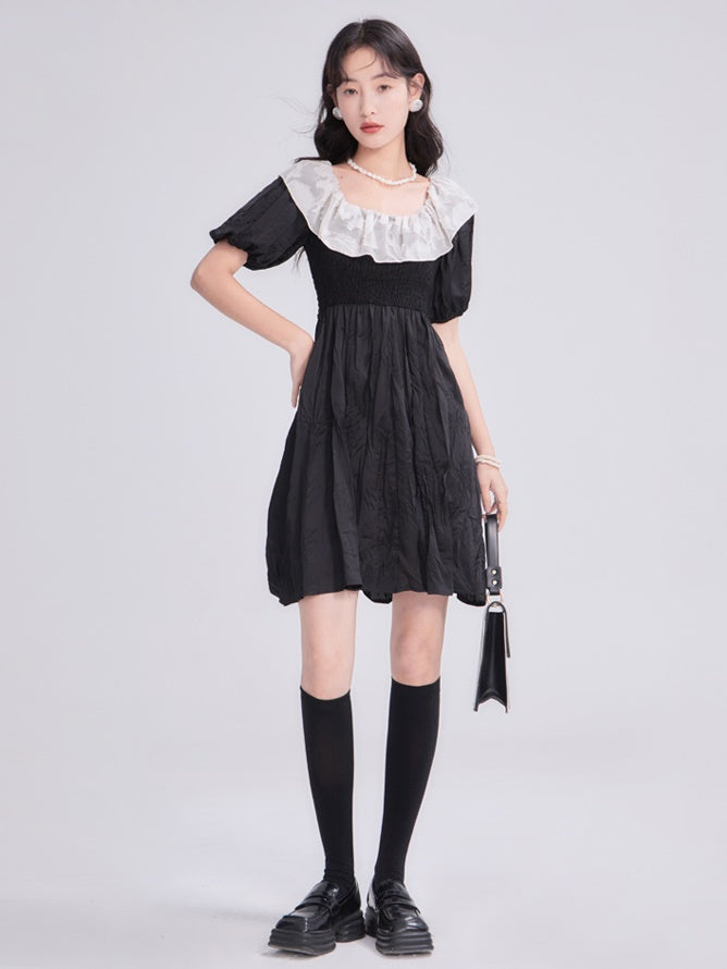 Flower Lapel High Waist Little Black Dress