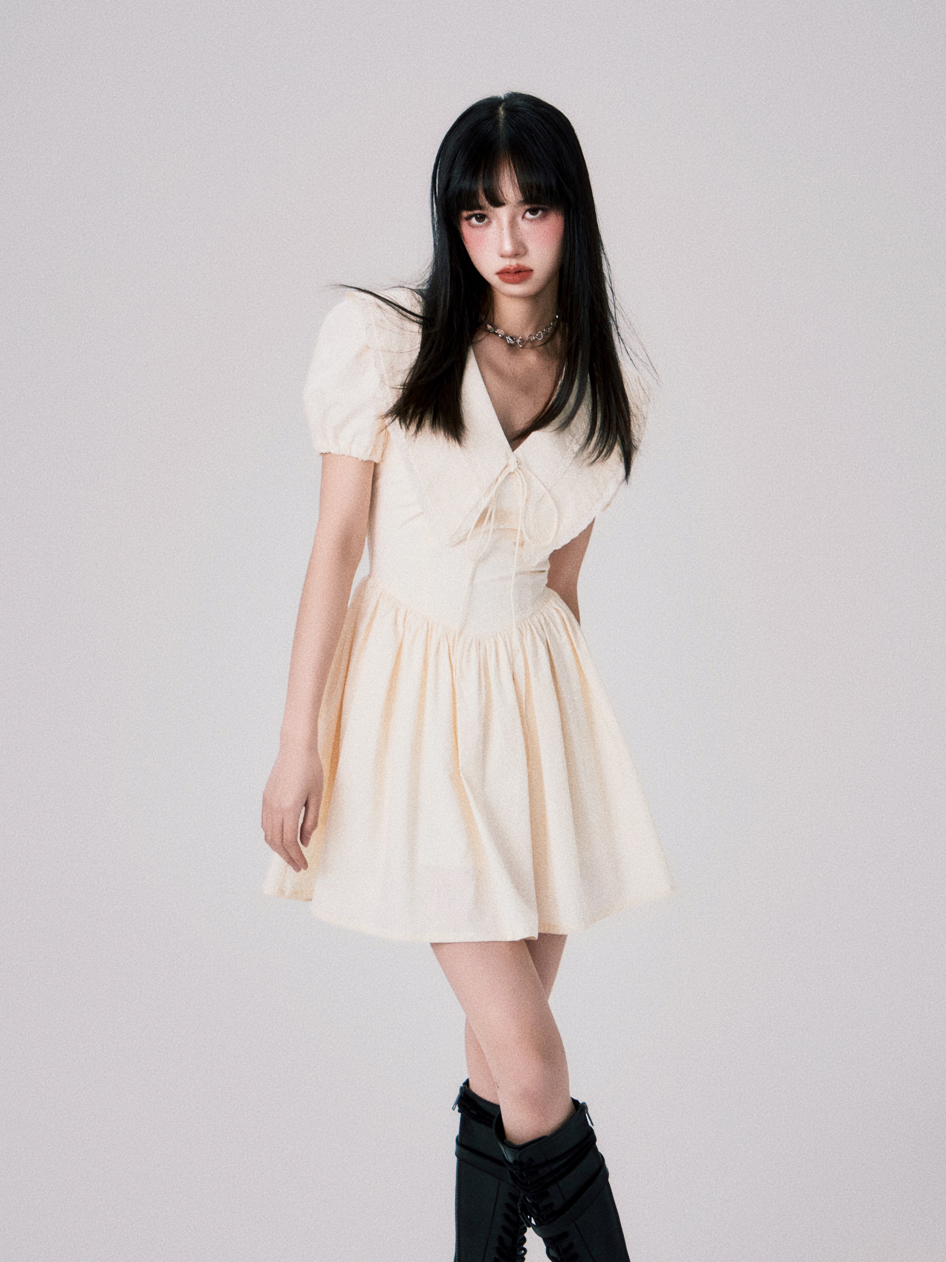 Babydoll Collar Puff Sleeve Short One-piece