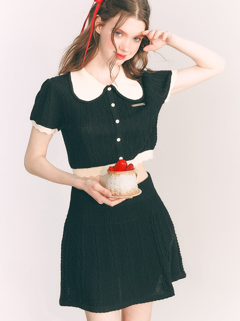 Doll Collar Knitted Top &amp; A-Line Half Skirt 설정