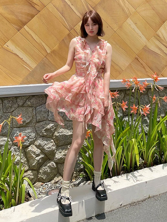 Peach Print Ruffled IRREGULAR HEM SLEEVELESS CHIFFON Dress