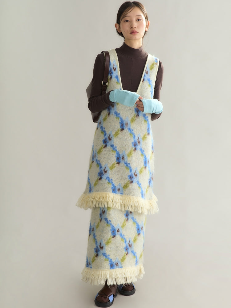 Knit Flower Retro Tassel Long-Skirt