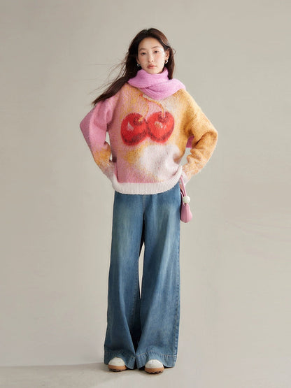 Cherry Gradient Jacquard Loose Pullover Sweater