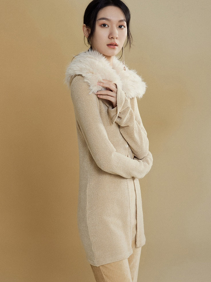 Detachable Fur Collar Long Sleeve Knitted Cardigan