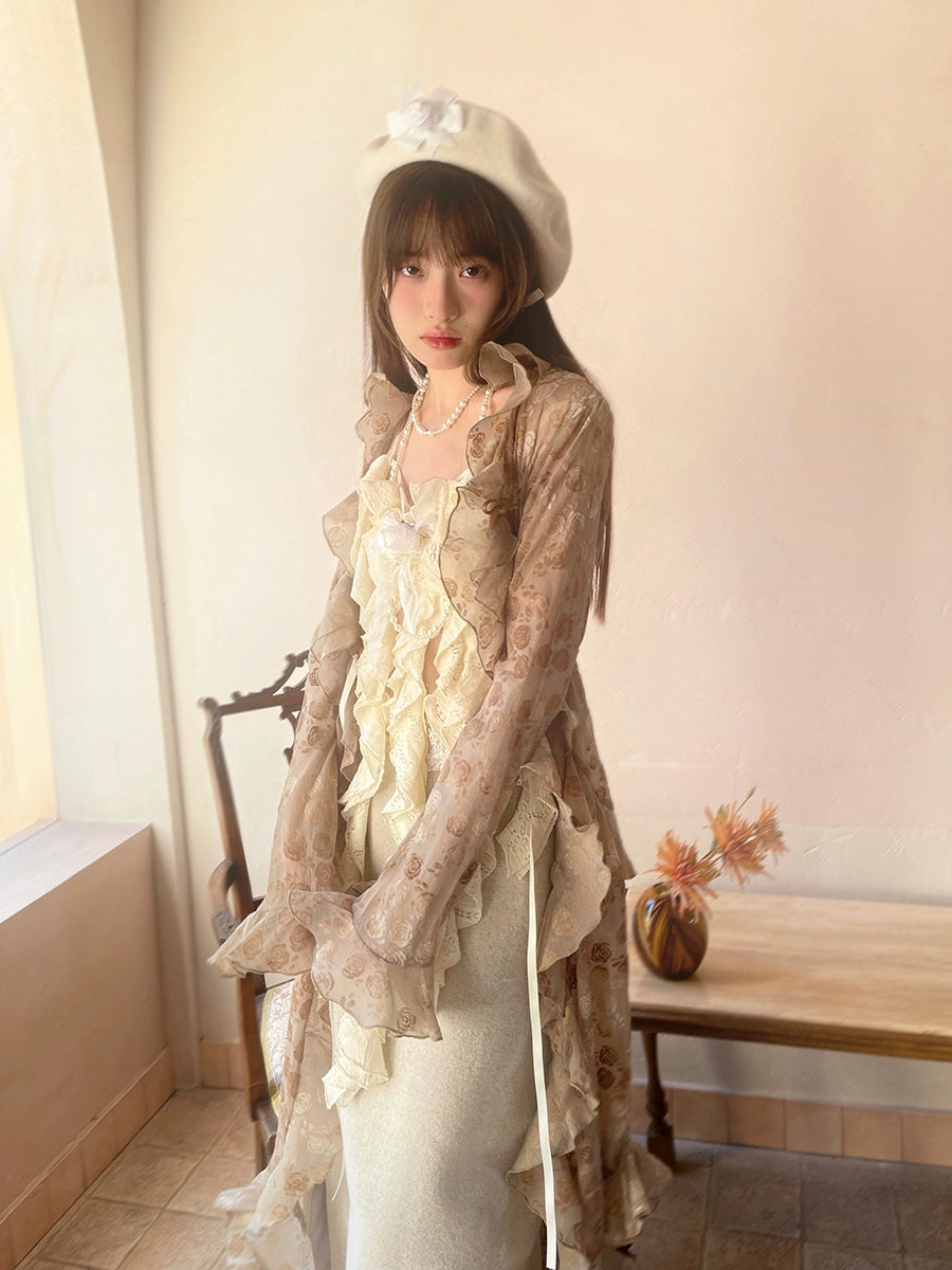 See-through Irregular Lace Long-sleeved Shirt